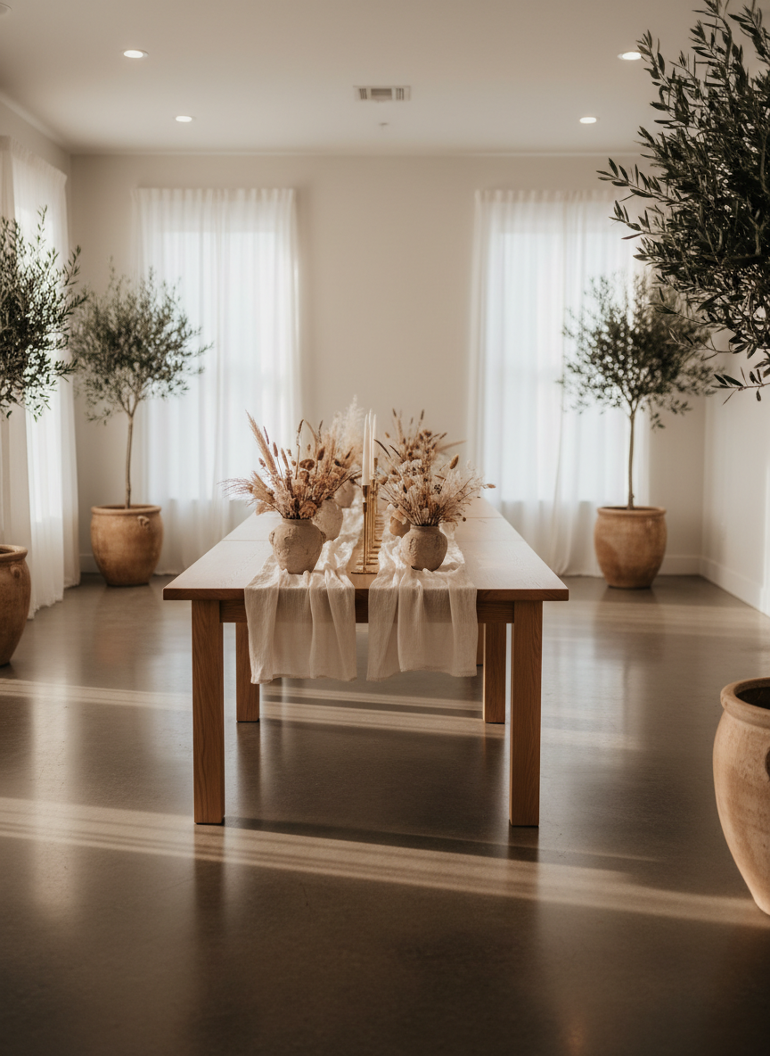A warmly lit, thoughtfully designed event space interior, featuring a long, natural oak farmhouse table with a smooth matte finish, lined with simple linen runners in soft cream. Elegant ceramic vases with dried neutral florals sit along the center, beside slender gold candlesticks with unlit taper candles. The room is surrounded by soft white walls, tall sheer-curtained windows, and a few potted olive trees in textured clay pots. Late afternoon natural light filters in, balanced with subtle recessed ceiling lighting, creating gentle shadows and a serene atmosphere. Photographed at eye level with a slightly wide angle, the composition highlights openness and calm, with a sophisticated, photographic realism and a shallow depth of field that softly blurs the far corners of the room.