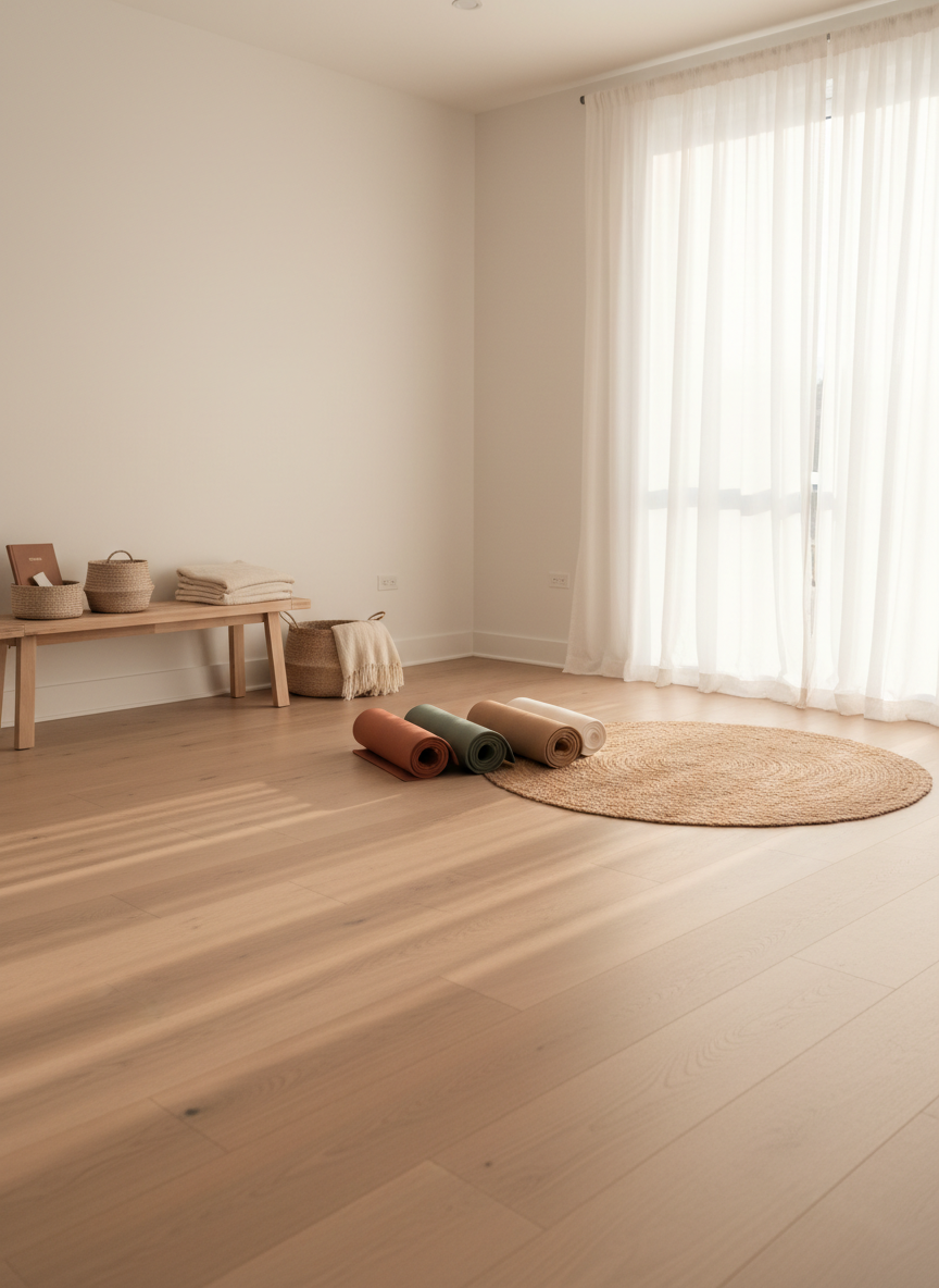 A serene multi-purpose event room designed for yoga, creative workshops, or quiet gatherings, with pale oak hardwood floors, soft white walls, and a single large window draped with gauzy curtains. In the center lies a small cluster of rolled, earth-toned yoga mats arranged in a gentle fan, beside a low, round jute rug. A simple wooden bench along one wall holds neutral woven baskets and neatly folded cream blankets. Late afternoon natural light filters through the curtains, bathing the space in a warm, diffused glow and creating subtle, elongated shadows. Captured from a low, wide-angle perspective, the composition emphasizes openness and negative space, with photographic realism and a minimalist, sophisticated aesthetic that feels calm, grounding, and perfectly prepared for mindful women’s gatherings.