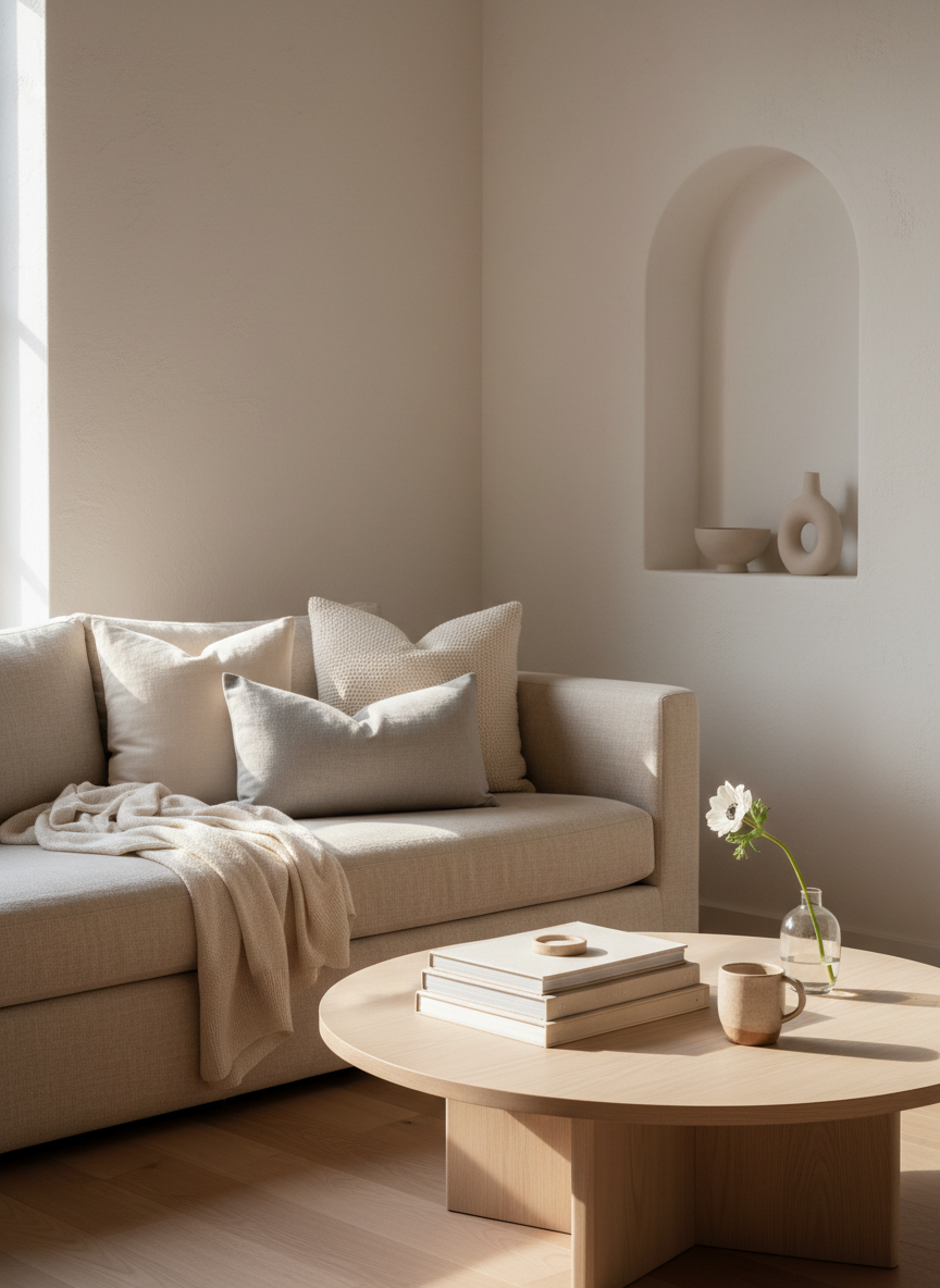 A cozy corner of an event studio designed for intimate gatherings, showcasing a low, plush oatmeal-colored sofa with linen upholstery and layered neutral throw pillows, facing a round light-wood coffee table with a smooth, beveled edge. On the table rests a neatly arranged stack of design books, a stoneware mug, and a small glass vase with a single white bloom. The backdrop features a softly textured plaster wall in warm white and a minimalist arched niche holding simple ceramic objects. Soft morning light pours in from an unseen window to the left, creating delicate highlights on the fabrics and gentle, elongated shadows. Captured from a slightly elevated angle in photographic realism, the mood is calm, sophisticated, and inviting, perfect for quiet women’s circles or planning sessions.