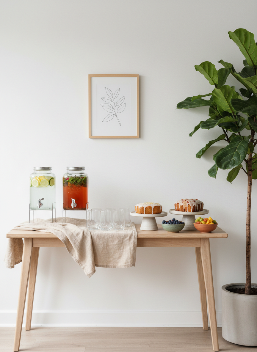 A beautifully arranged refreshment station in an upscale, neutral event space, featuring a long, light-wood console table with slender legs and a smooth matte finish. On top, clear glass beverage dispensers filled with citrus-infused water and herbal tea sit beside neatly aligned ribbed drinking glasses, stoneware cake stands with simple iced loaves, and small ceramic bowls of seasonal fruit. A linen runner in soft sand drapes casually across the surface. The backdrop includes a smooth white wall with a single understated framed line drawing and a tall, leafy indoor tree in a simple pot. Soft, even daylight from a nearby window bathes the scene in a clean glow, with gentle, natural shadows. Shot at eye level with photographic realism, the mood is calm, welcoming, and subtly luxurious, communicating thoughtful hospitality without clutter.