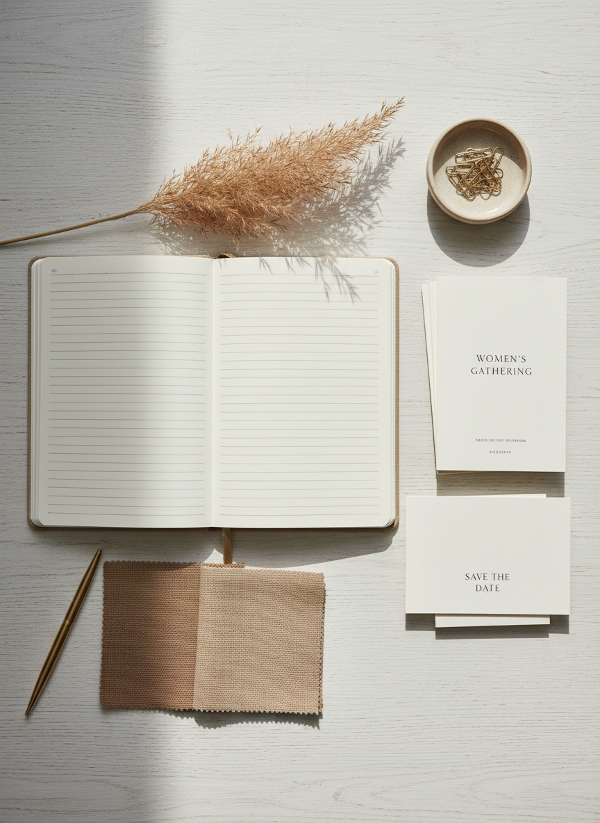 A styled flat-lay on a pale wooden tabletop representing planning a meaningful women’s gathering at a refined event space. At the center, an open linen-covered notebook reveals neatly lined, blank pages, surrounded by a warm brass pen, fabric swatches in soft taupe and sand, and a small stack of invitation mockups on thick, textured ivory cardstock. A delicate sprig of dried grasses and a ceramic dish holding gold paper clips add organic and metallic accents. Soft, diffused window light from the top of the frame creates gentle gradients of brightness and subtle, natural shadows. The scene is captured from a bird’s-eye view with photographic realism and a carefully balanced composition, evoking calm, intention, and the ease of thoughtfully planning a beautiful, stress-free gathering at a sophisticated venue.