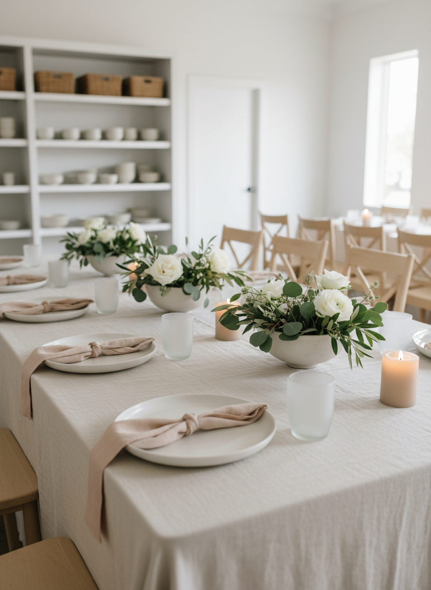 A beautifully set table in a neutral-toned event space, styled for a women’s workshop. A light, linen-draped rectangular table holds individual place settings with matte white stoneware plates, sand-colored linen napkins tied with thin silk ribbons, and frosted glass tumblers. At the center, low ceramic bowls brim with fresh greenery and white blooms, interspersed with small, unscented pillar candles in soft beige. The background reveals a minimalist, bright room with pale wooden chairs, white walls, and a large, unobtrusive shelving unit holding woven baskets and neatly stacked tableware. Diffused midday light streams through large windows, creating a clean, modern glow with gentle shadows. Photographed at table height with a shallow depth of field, the front settings are in sharp focus while the room softly blurs, evoking ease, elegance, and readiness to gather.