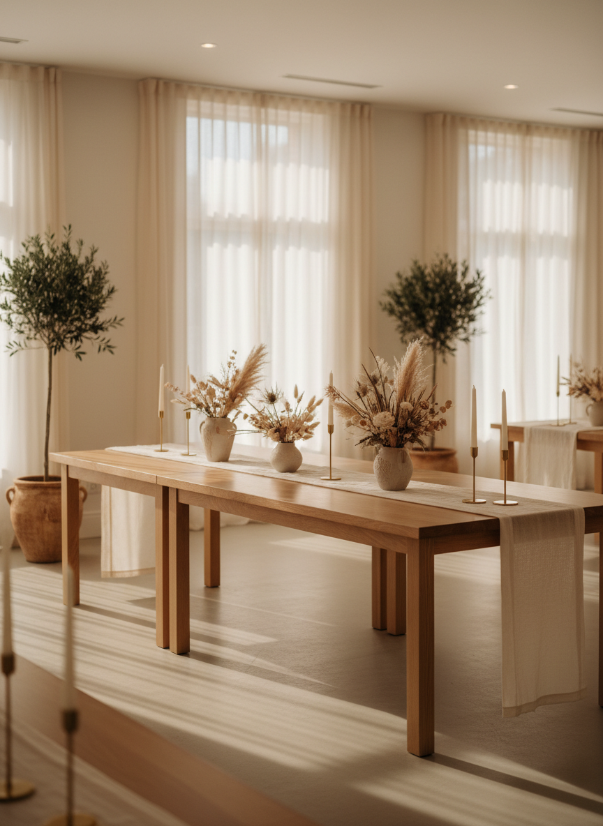 A warmly lit, thoughtfully designed event space interior, featuring a long, natural oak farmhouse table with a smooth matte finish, lined with simple linen runners in soft cream. Elegant ceramic vases with dried neutral florals sit along the center, beside slender gold candlesticks with unlit taper candles. The room is surrounded by soft white walls, tall sheer-curtained windows, and a few potted olive trees in textured clay pots. Late afternoon natural light filters in, balanced with subtle recessed ceiling lighting, creating gentle shadows and a serene atmosphere. Photographed at eye level with a slightly wide angle, the composition highlights openness and calm, with a sophisticated, photographic realism and a shallow depth of field that softly blurs the far corners of the room.