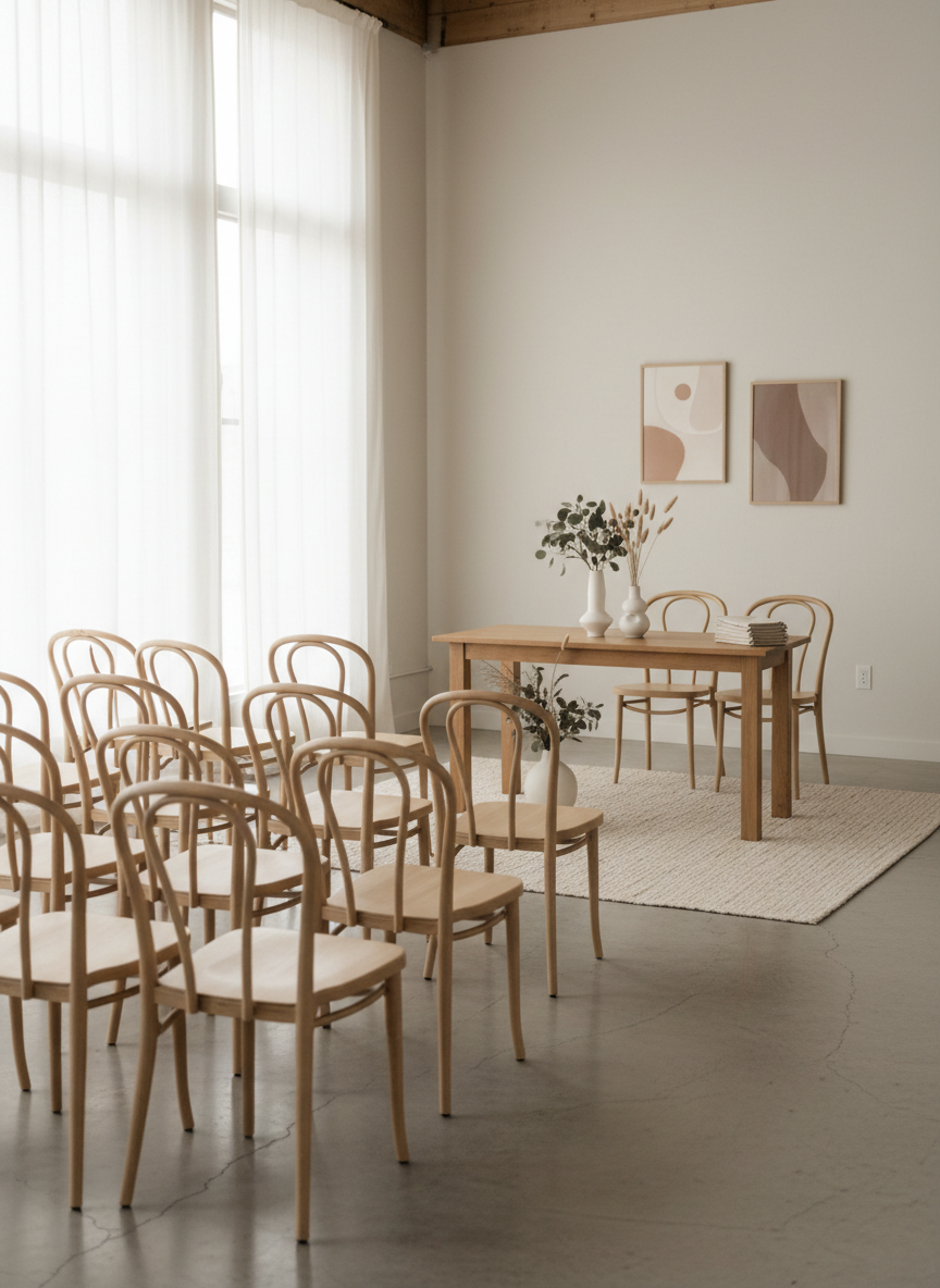 A softly lit, neutral-toned event space with simple decor, wooden chairs, and a minimal table setup, photographed in a calm, inviting style